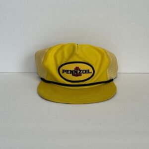 Vintage Pennzoil Rope Trucker Hat Yellow Mesh Snapback Patch Cap